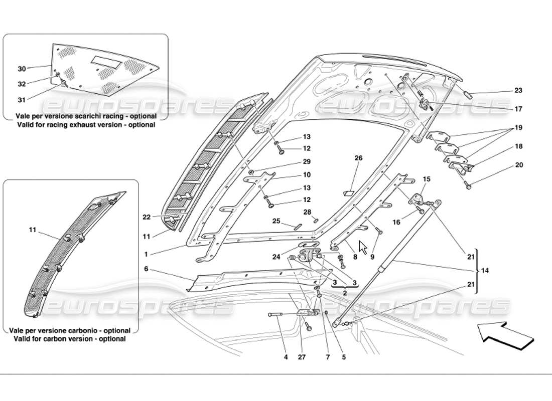 ferrari 360 modena engine bonnet part diagram