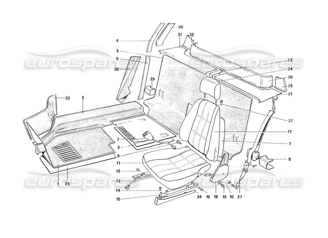 ferrari 328 (1985) interior trim, accessories and seats part diagram