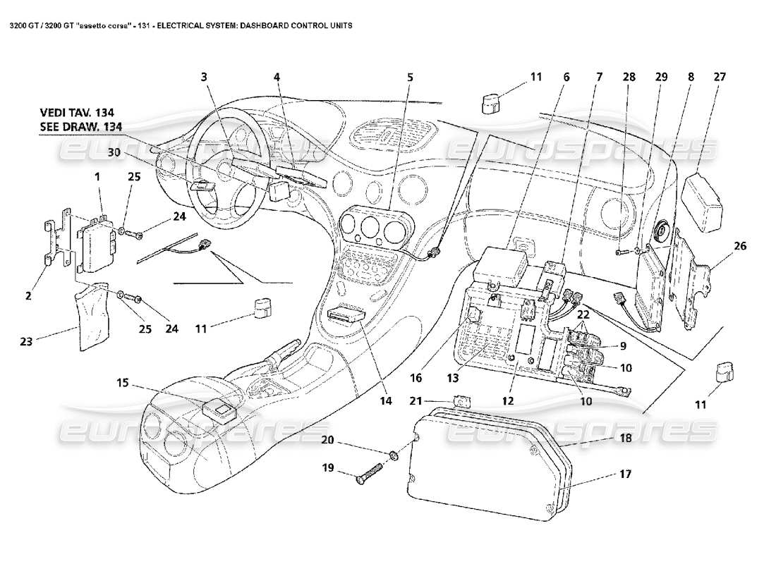 maserati 3200 gt/gta/assetto corsa electrical: dashboard control units part diagram