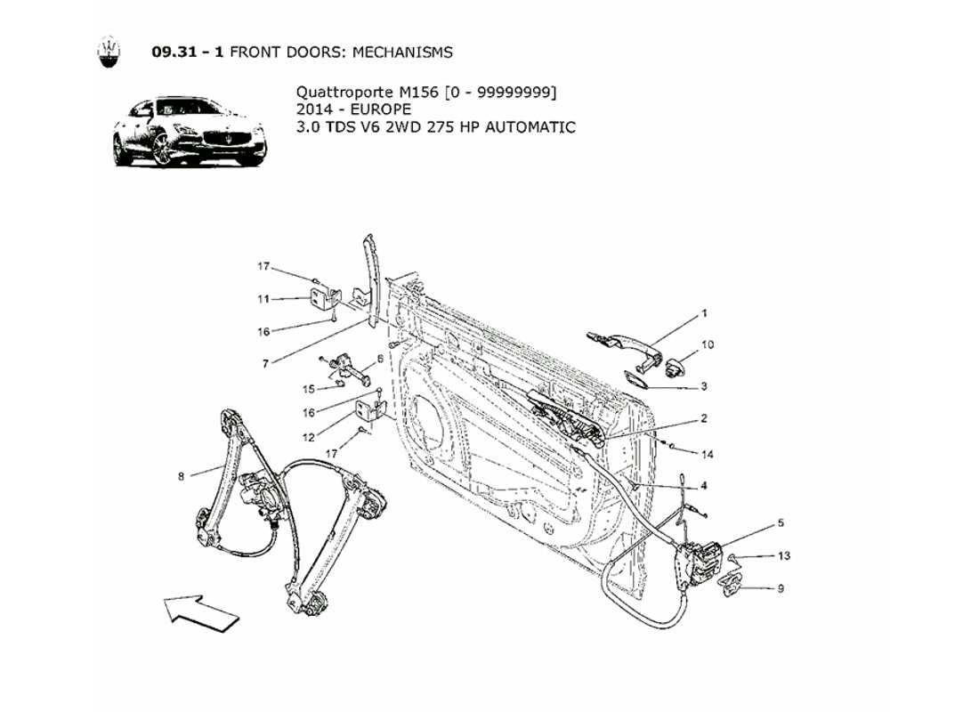 maserati qtp. v6 3.0 tds 275bhp 2014 front doors: mechanisms part diagram