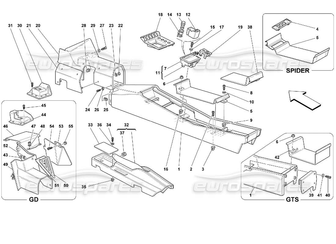 ferrari 355 (2.7 motronic) tunnel - framework and accessories part diagram