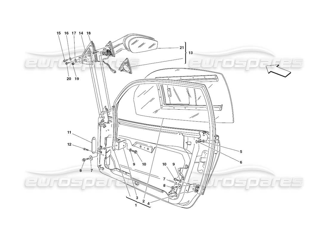 ferrari 430 challenge (2006) doors - window and rearview mirror part diagram