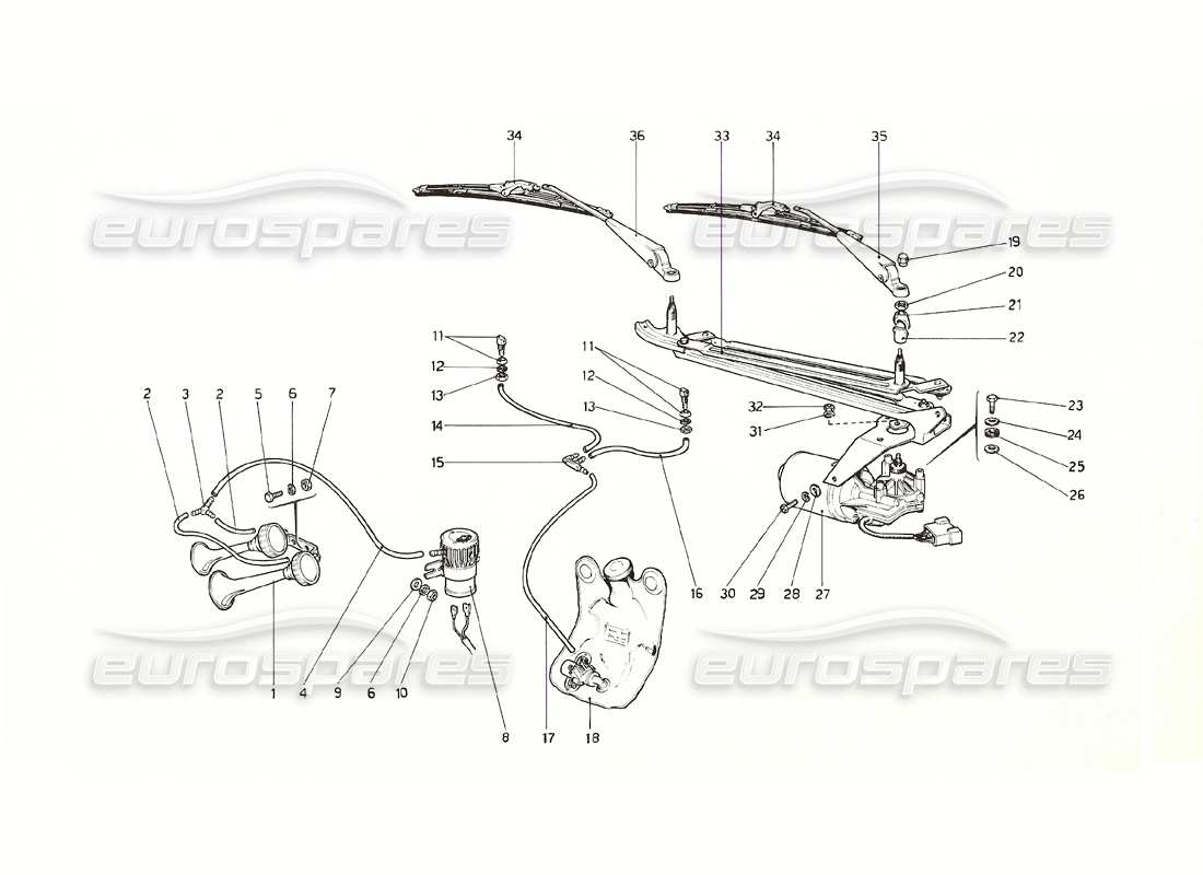 ferrari 308 gt4 dino (1976) windshield wiper, washer and horn parts diagram