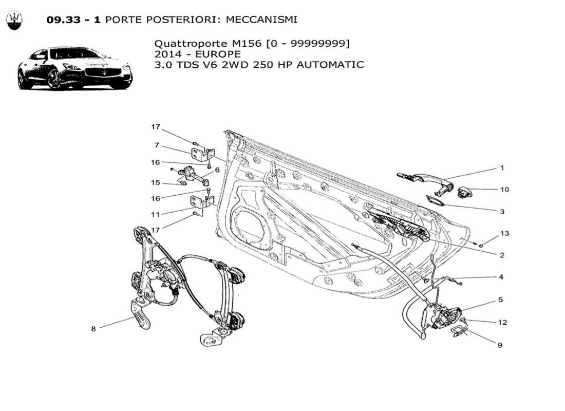 maserati qtp. v6 3.0 tds 250bhp 2014 rear doors: mechanisms parts diagram