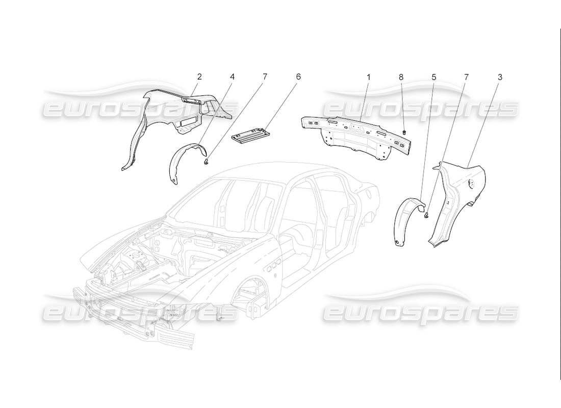 maserati qtp. (2006) 4.2 f1 bodywork and rear outer trim panels parts diagram