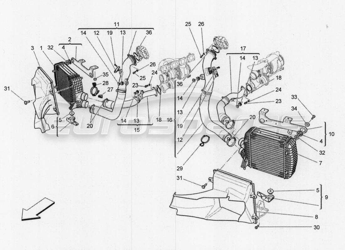 maserati qtp. v8 3.8 530bhp 2014 auto intercooler system part diagram