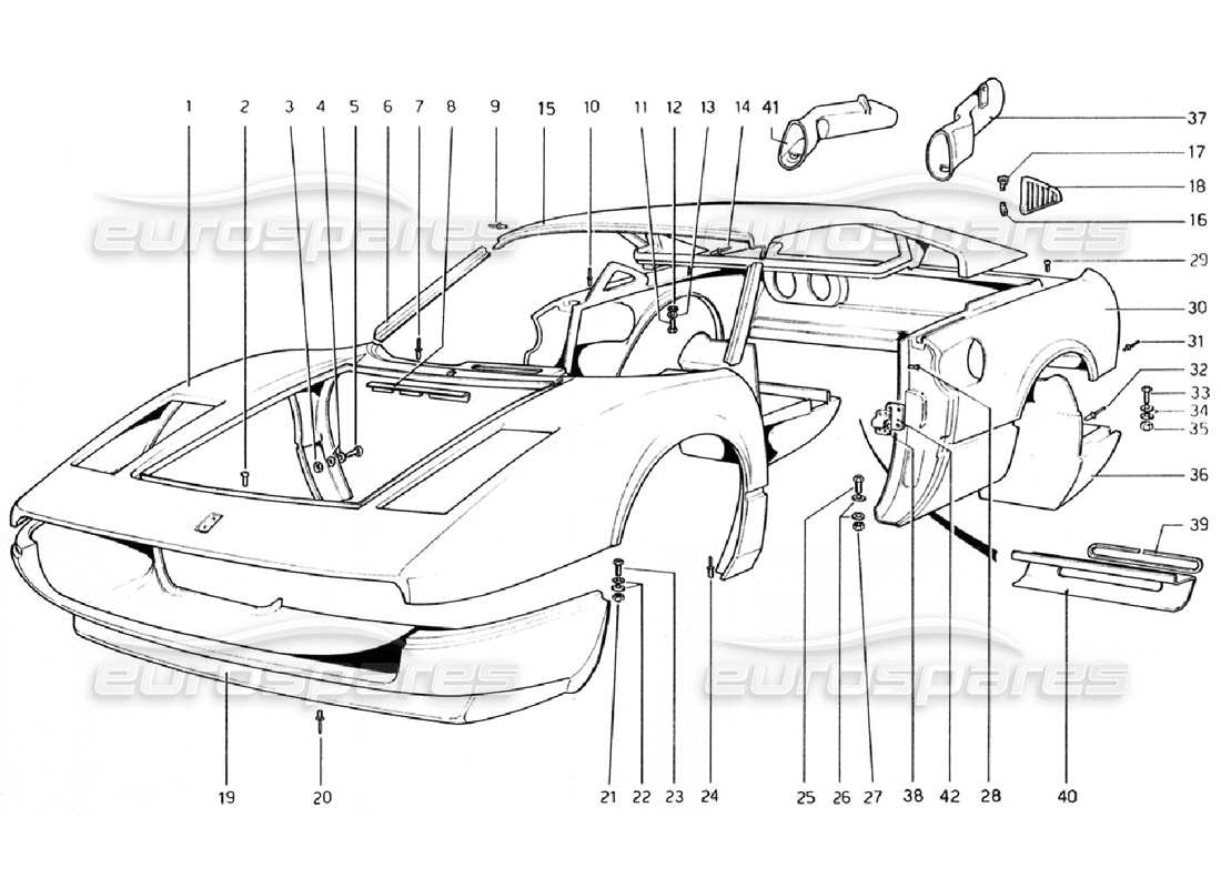ferrari 308 gtb (1976) body shell - outer elements (valid for rhd - aus versions) parts diagram