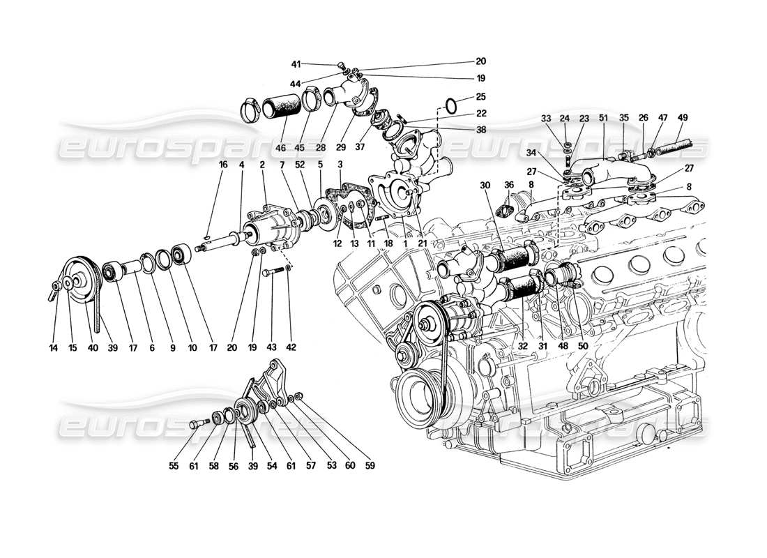 ferrari 328 (1985) water pump and pipings parts diagram