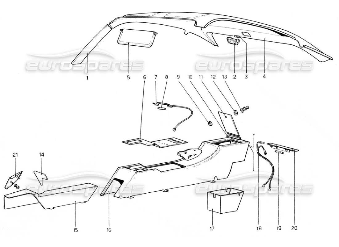 ferrari 308 gtb (1976) tunnel and roof (valid for rhd - aus versions) part diagram