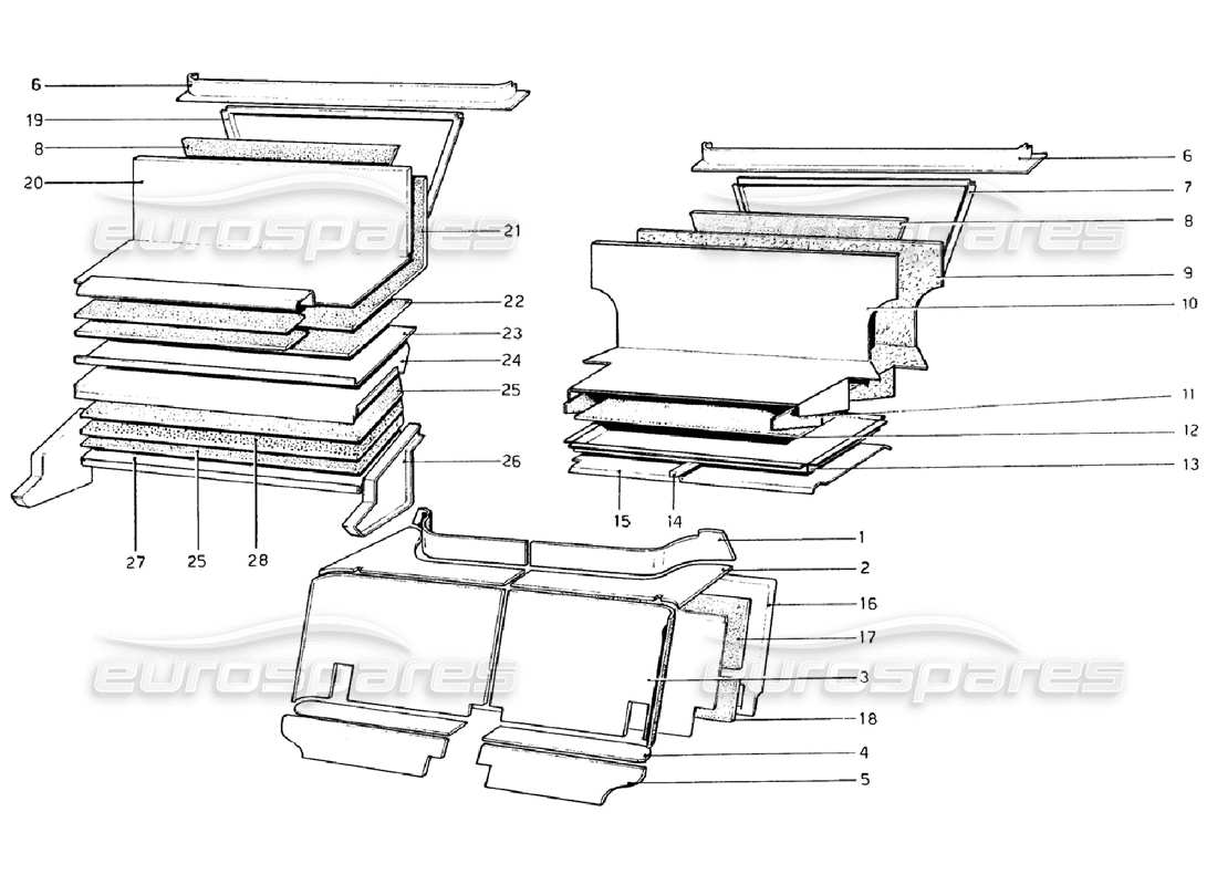 ferrari 308 gtb (1976) passenger and luggage compartments insulation (valid for rhd - aus versions) part diagram