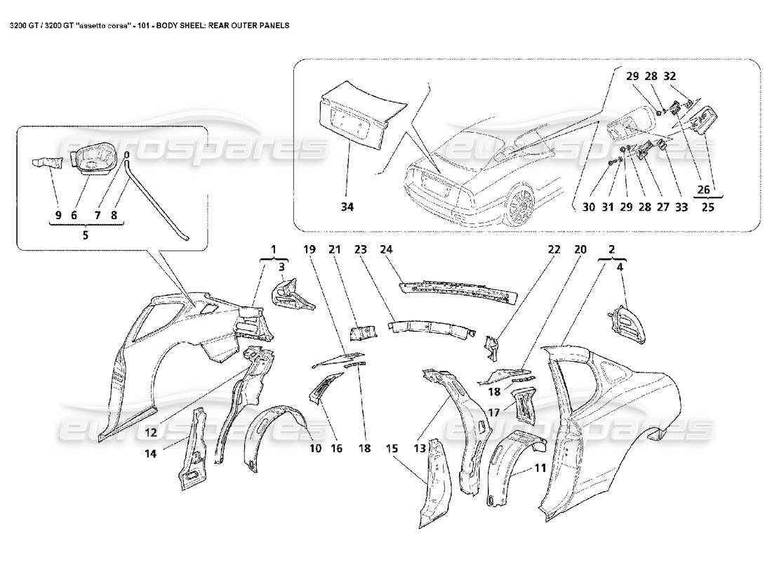 maserati 3200 gt/gta/assetto corsa body: rear outer panels parts diagram