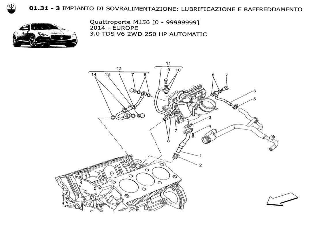 maserati qtp. v6 3.0 tds 250bhp 2014 turbocharging system: lubrication and cooling parts diagram