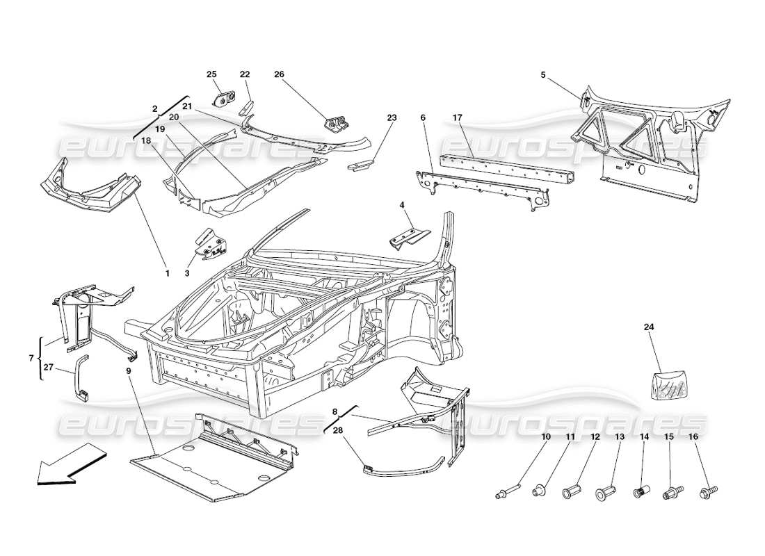 ferrari 430 challenge (2006) frame - front elements structures and plates part diagram