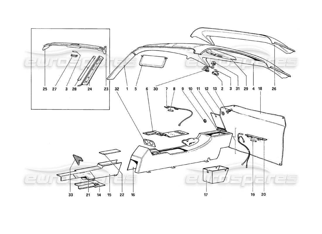 ferrari 308 (1981) gtbi/gtsi tunnel and roof table parts diagram