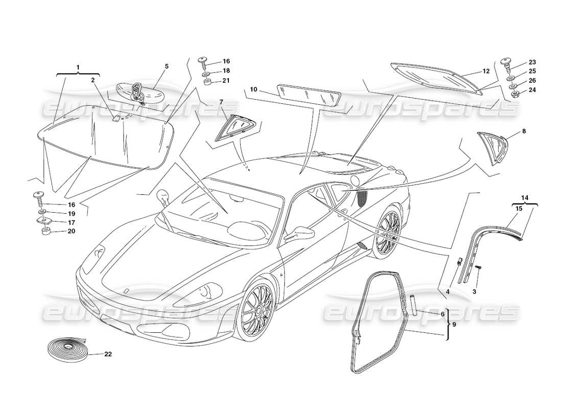 ferrari 430 challenge (2006) glasses and gaskets part diagram