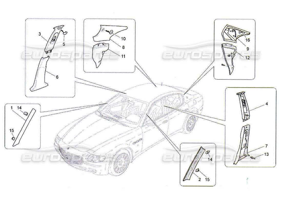 maserati qtp. (2010) 4.2 passenger compartment b pillar trim panels and side panels part diagram