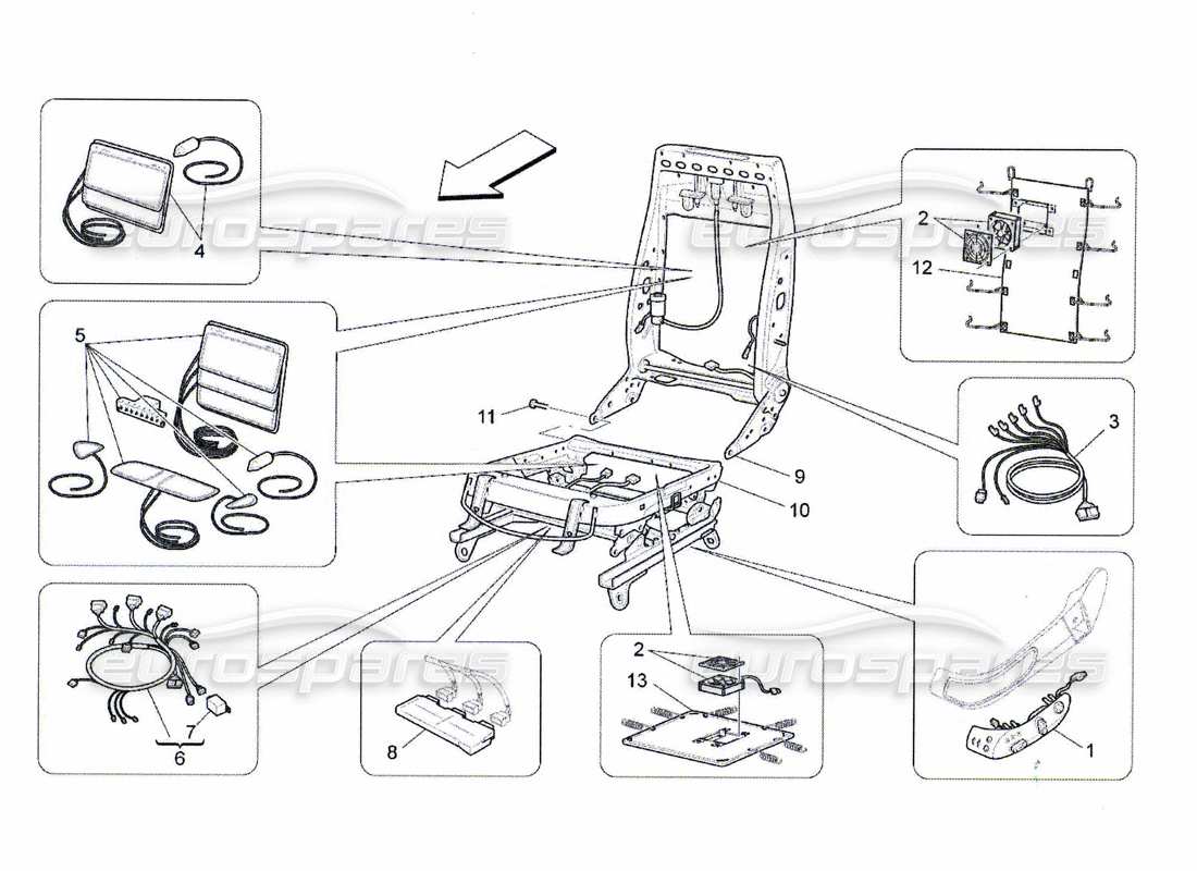 maserati qtp. (2010) 4.7 front seats: mechanics and electronics parts diagram