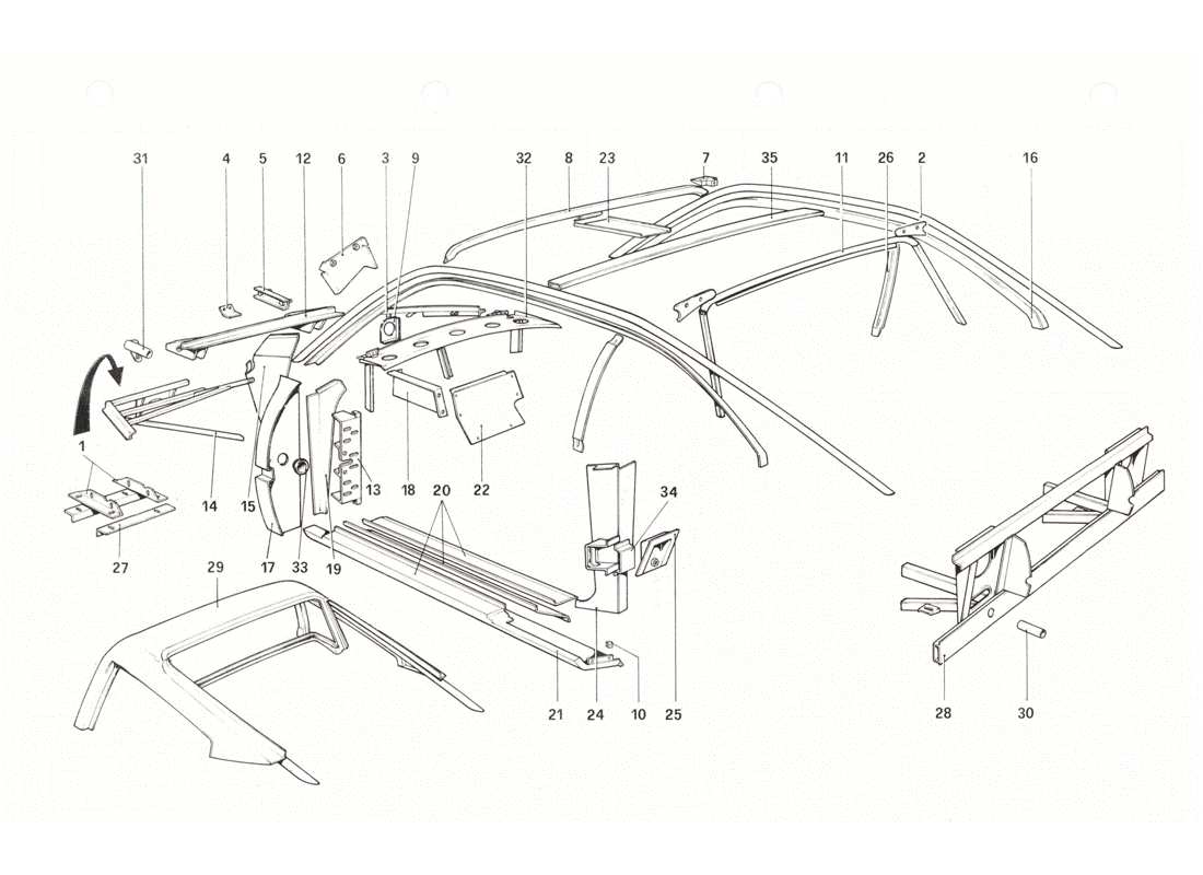 ferrari 208 gtb gts body shell - inner elements part diagram