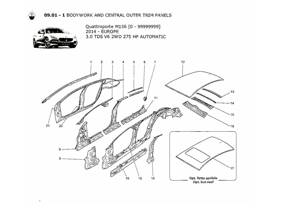 maserati qtp. v6 3.0 tds 275bhp 2014 bodywork and central outer trim panels parts diagram