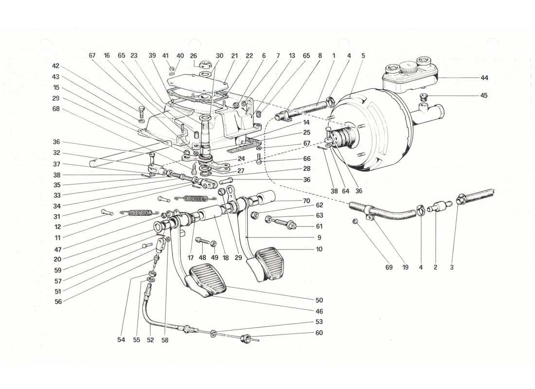 ferrari 208 gtb gts pedal board - brake and clutch controls parts diagram