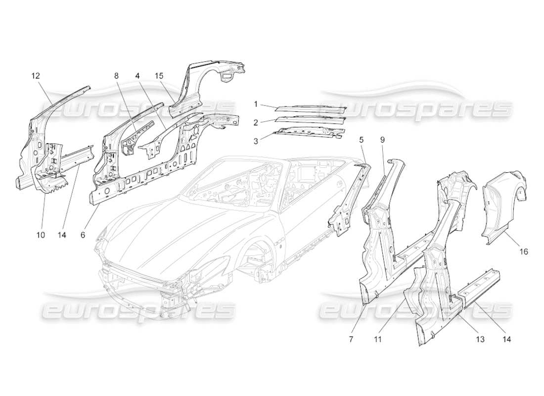 maserati grancabrio (2011) 4.7 bodywork and central outer trim panels part diagram