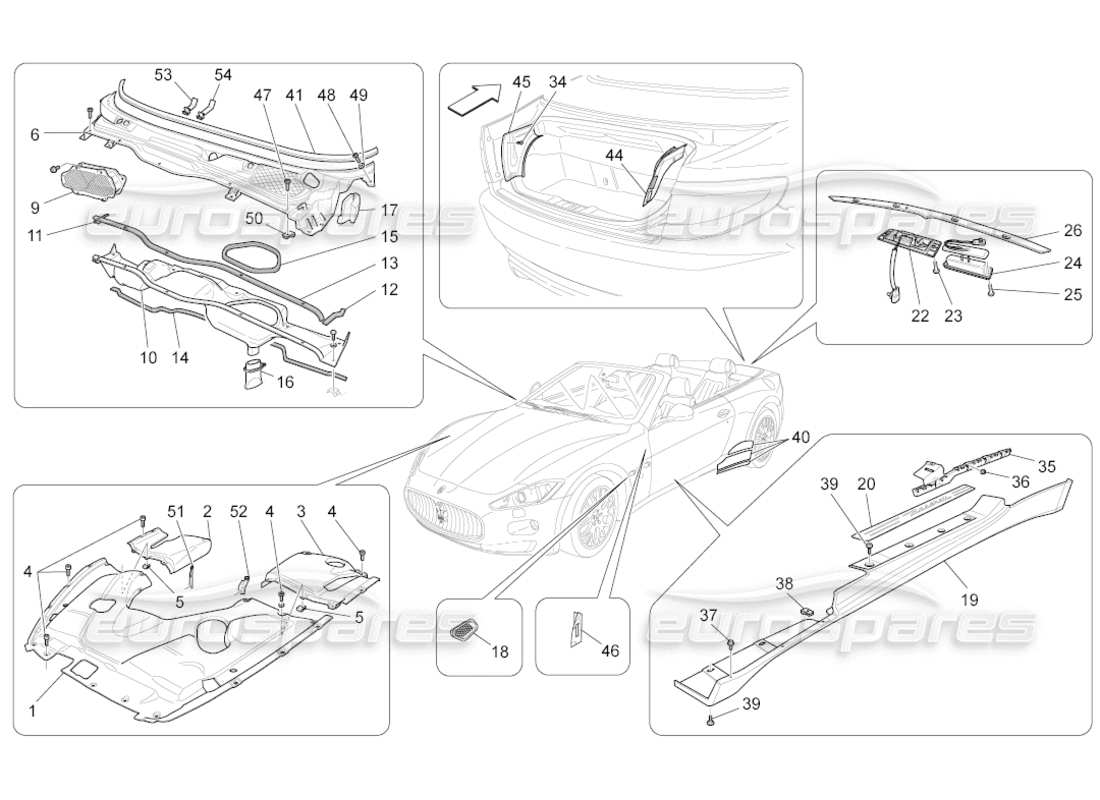 maserati grancabrio (2011) 4.7 shields, trims and covering panels part diagram