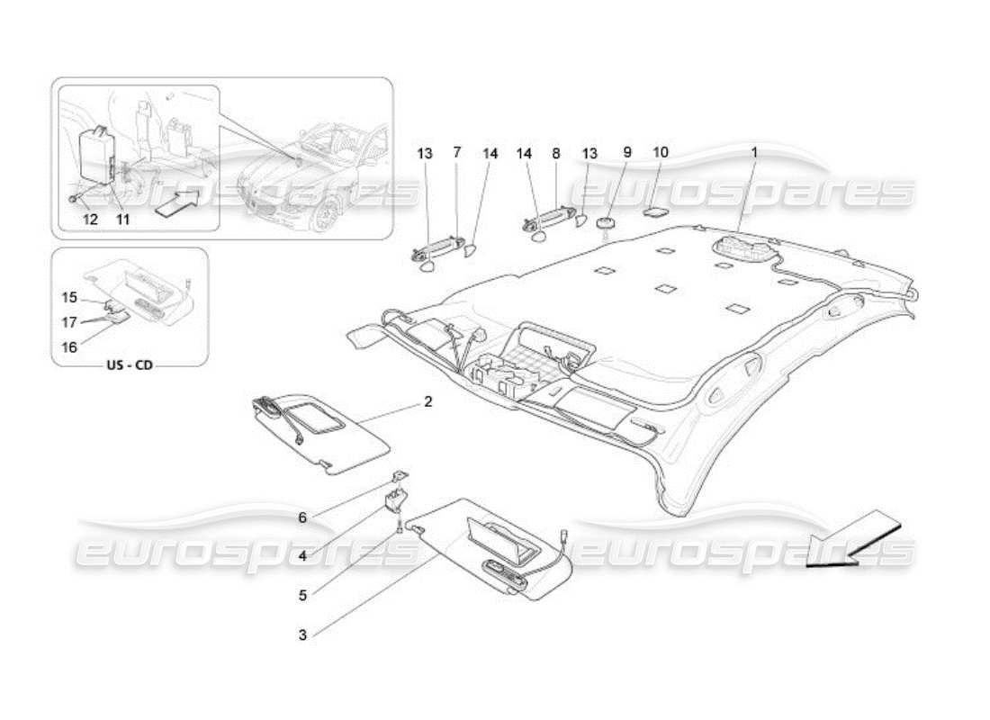 maserati qtp. (2005) 4.2 roof and sun visors part diagram