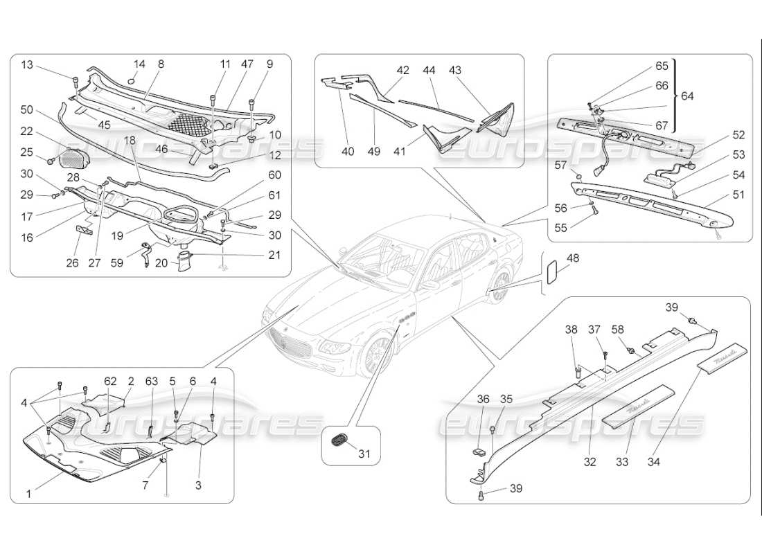 maserati qtp. (2009) 4.7 auto shields, trims and covering panels parts diagram