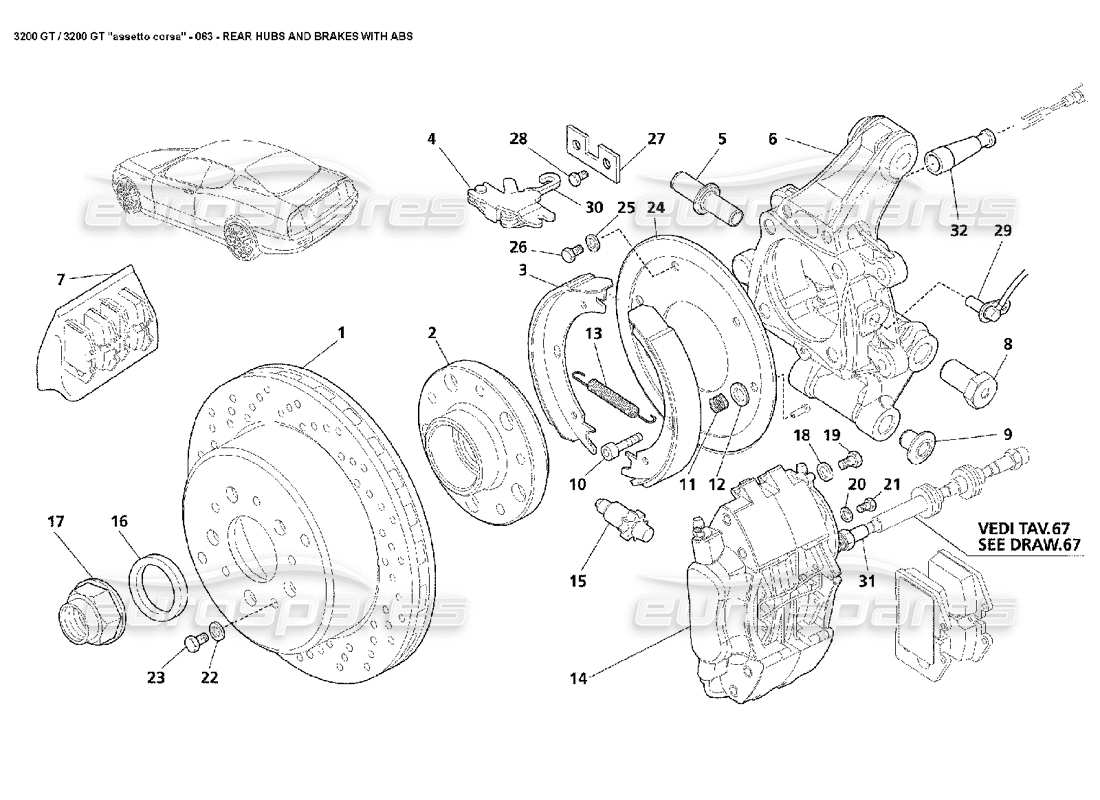 maserati 3200 gt/gta/assetto corsa rear hubs & abs brakes parts diagram