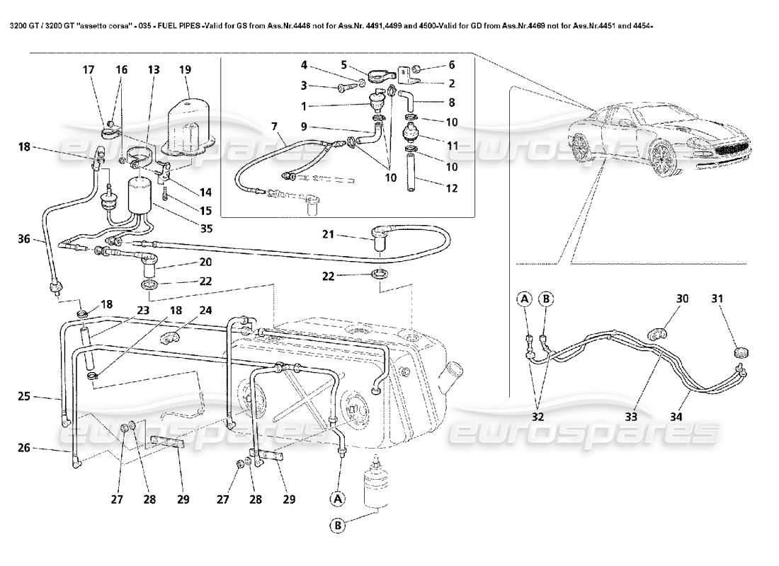 maserati 3200 gt/gta/assetto corsa fuel pipes -valid for gs from ass.nr.4446 not for ass.nr. 4491,4499 and 4500-valid for gd from ass.nr.4469 not for ass.nr 4451 and 4454- part diagram