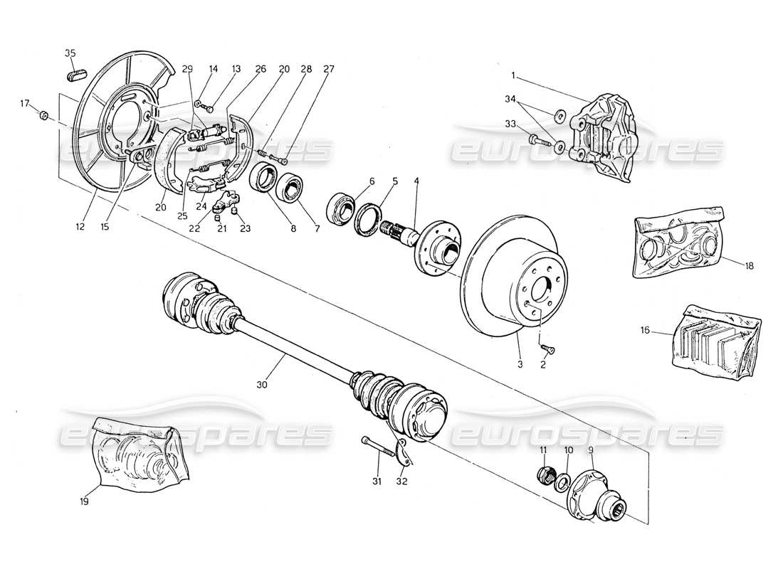 maserati 228 hubs, rear brakes and drive shafts parts diagram