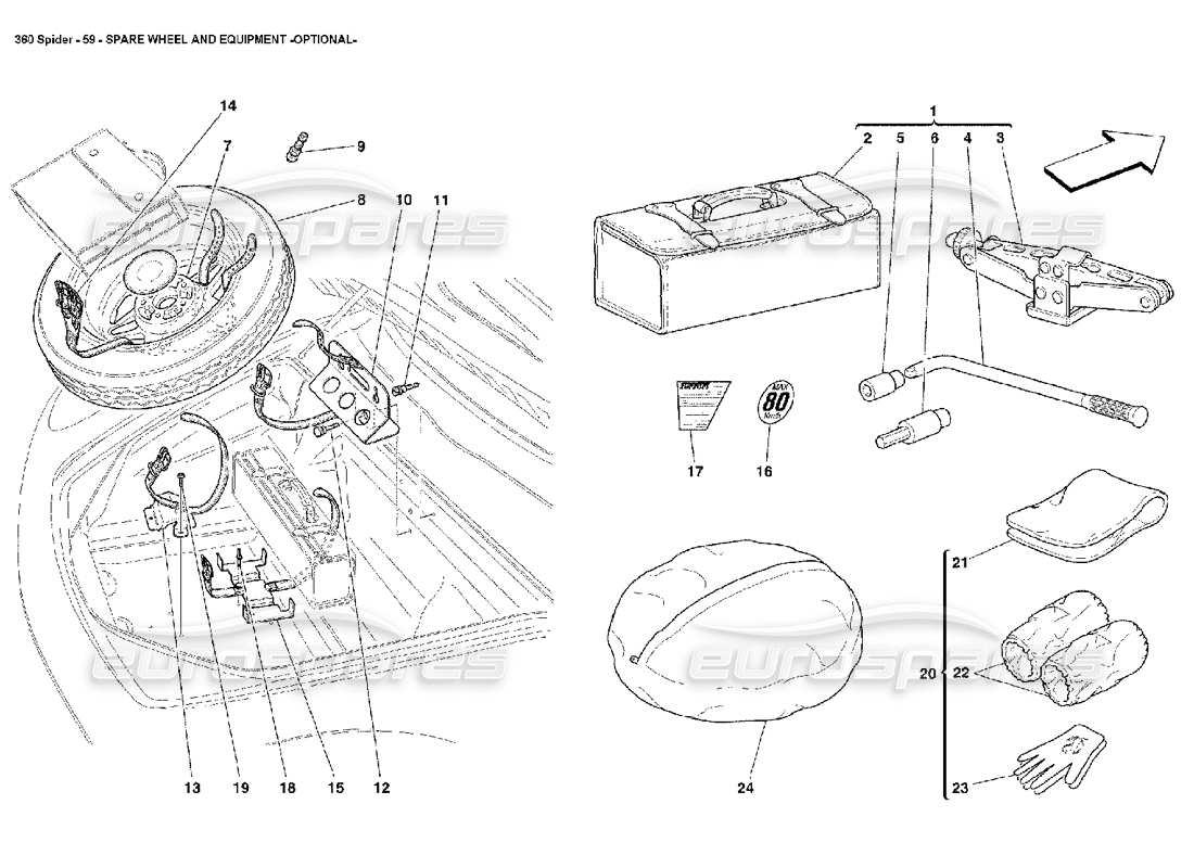ferrari 360 spider spare wheel and equipment parts diagram