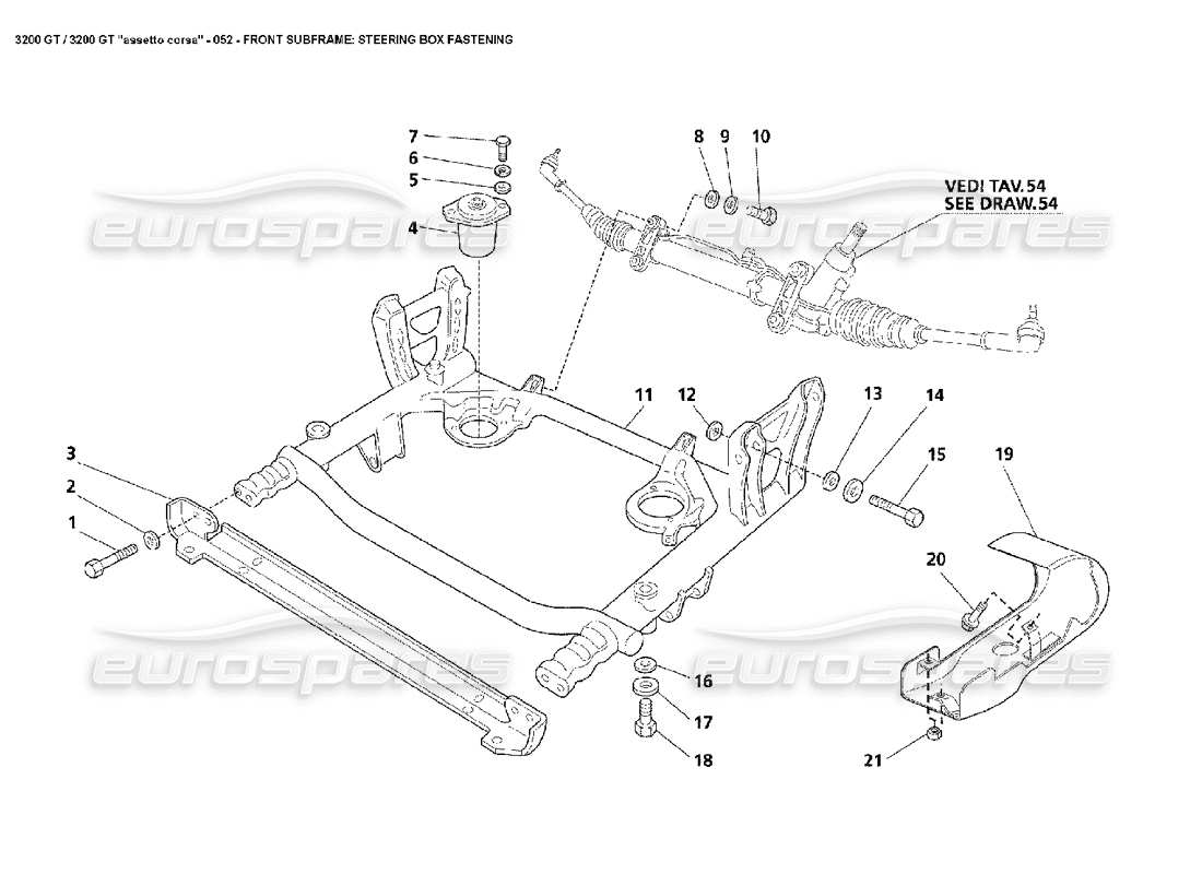 maserati 3200 gt/gta/assetto corsa front subframe: steering box fastening part diagram