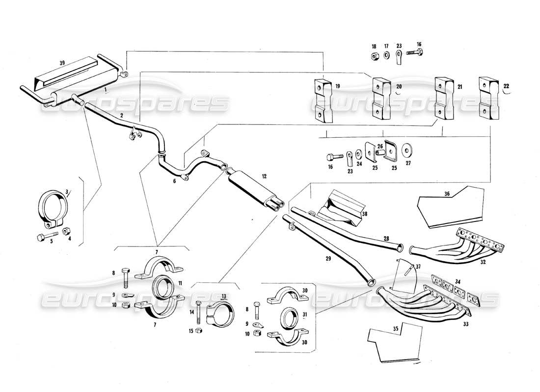 maserati qtp.v8 4.7 (s1 & s2) 1967 exhaust pipes part diagram