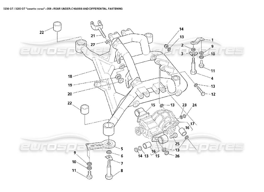 maserati 3200 gt/gta/assetto corsa rear under-chassis & differential fastening parts diagram