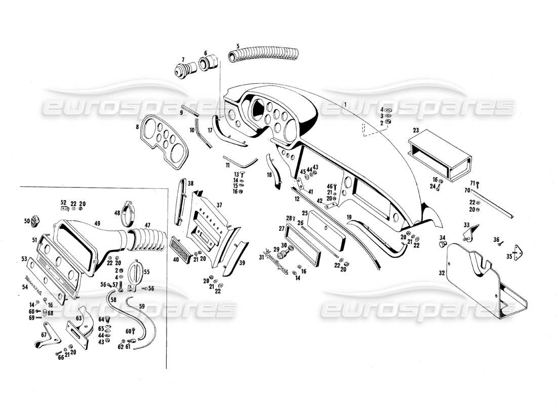 maserati qtp.v8 4.7 (s1 & s2) 1967 dashboard panels part diagram