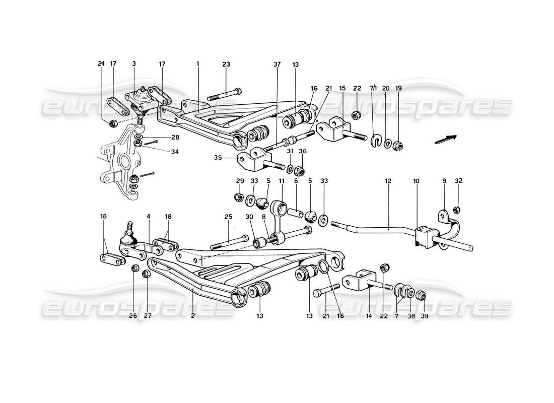 ferrari 246 dino (1975) front suspension - wishbones parts diagram