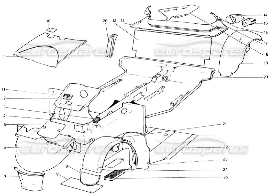 ferrari 308 gtb (1976) body shell - inner elements (valid for rhd - aus versions) parts diagram