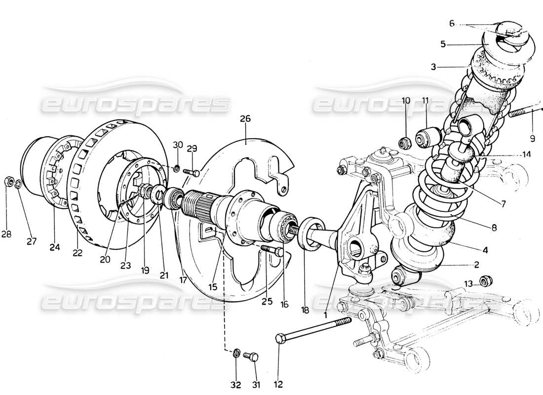 ferrari 365 gtb4 daytona (1969) shock absorber, hub & front brake disc parts diagram