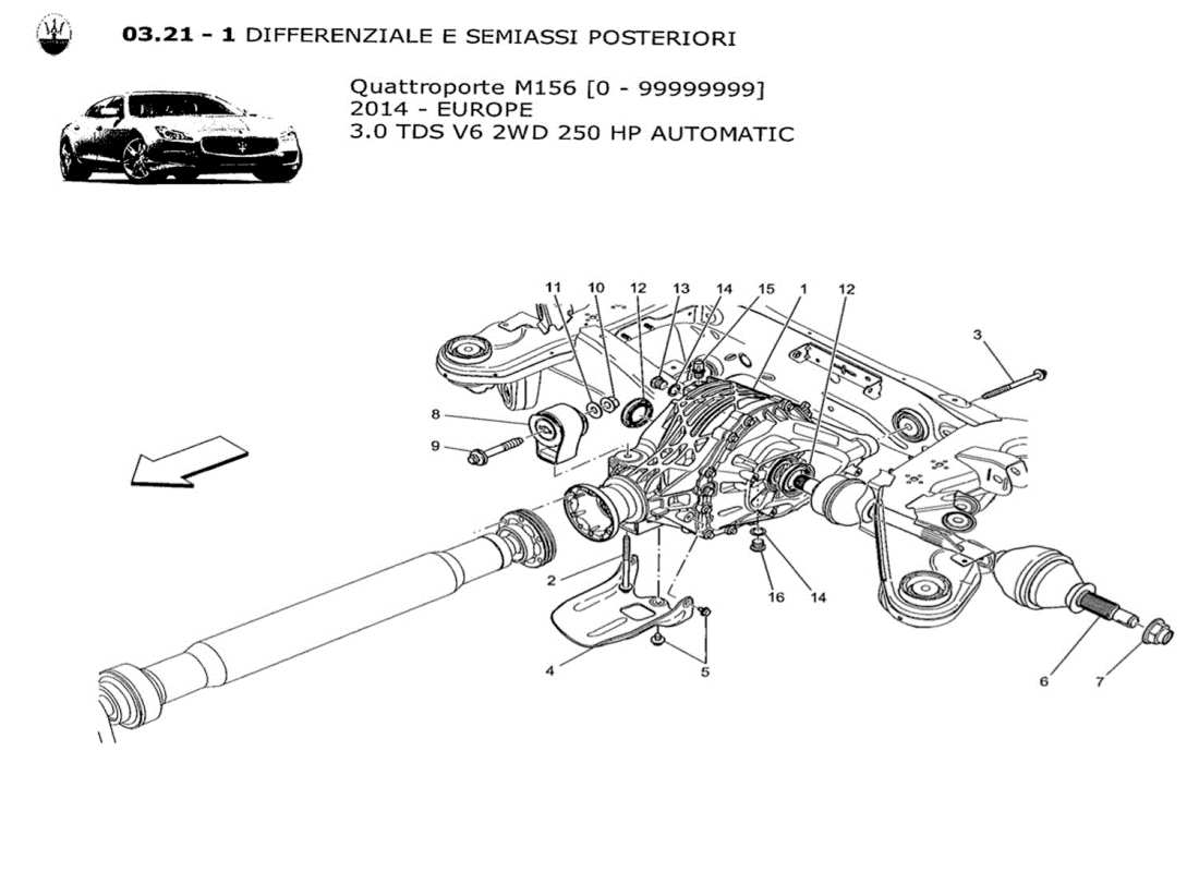 maserati qtp. v6 3.0 tds 250bhp 2014 differential and rear axle shafts part diagram