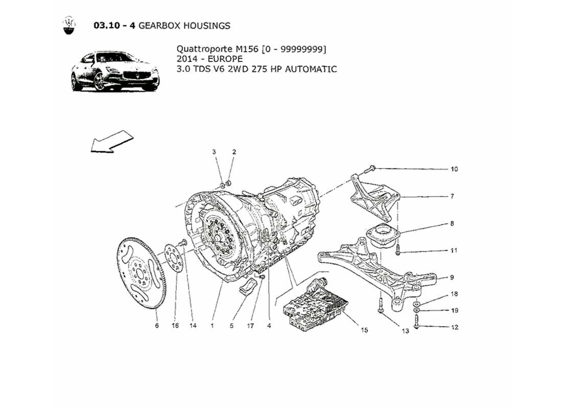 maserati qtp. v6 3.0 tds 275bhp 2014 gearbox housings parts diagram