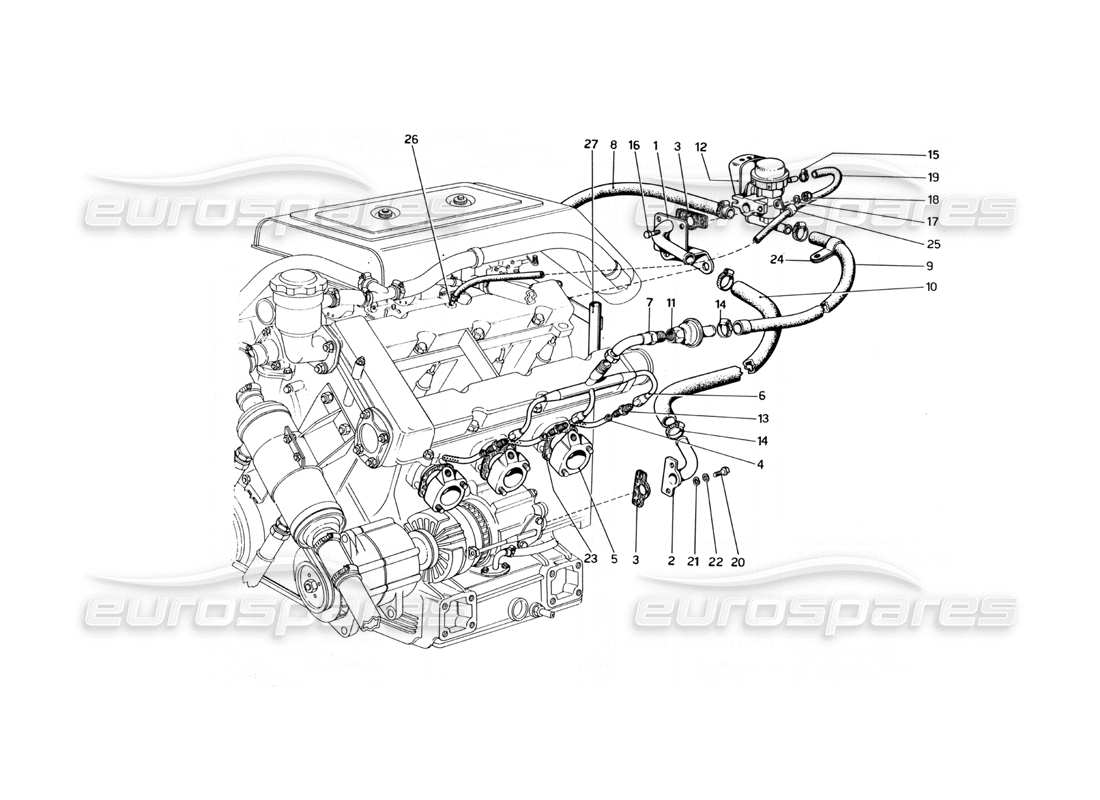 ferrari 246 dino (1975) diverter valve and pipes (variants for usa versions) parts diagram
