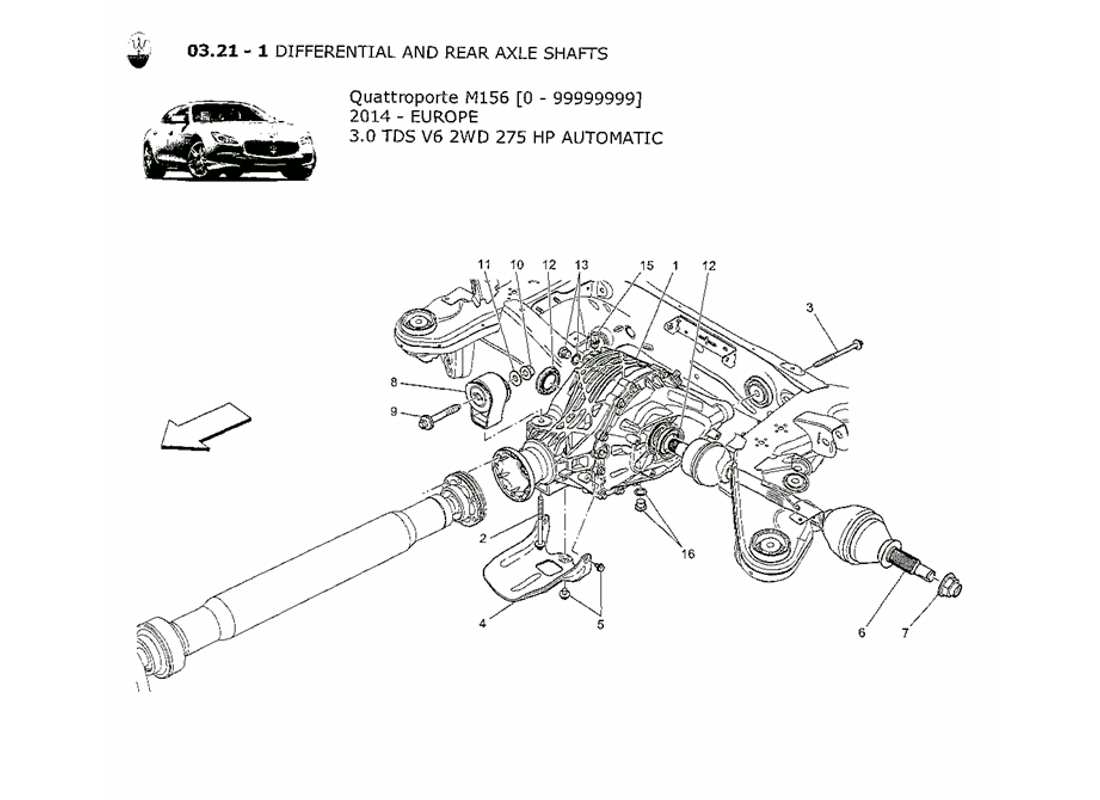 maserati qtp. v6 3.0 tds 275bhp 2014 differential and rear axle shafts parts diagram