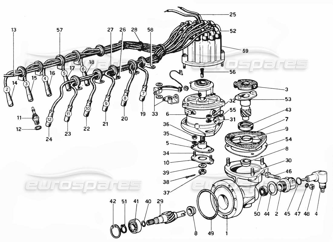 ferrari 365 gtc4 (mechanical) distribution & h.t leads parts diagram