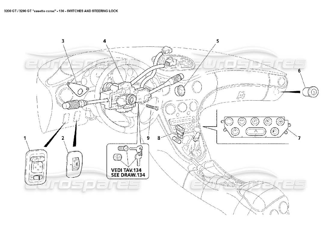 maserati 3200 gt/gta/assetto corsa switches & steering lock parts diagram