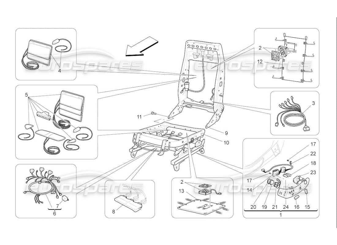 maserati qtp. (2009) 4.7 auto front seats: mechanics and electronics parts diagram