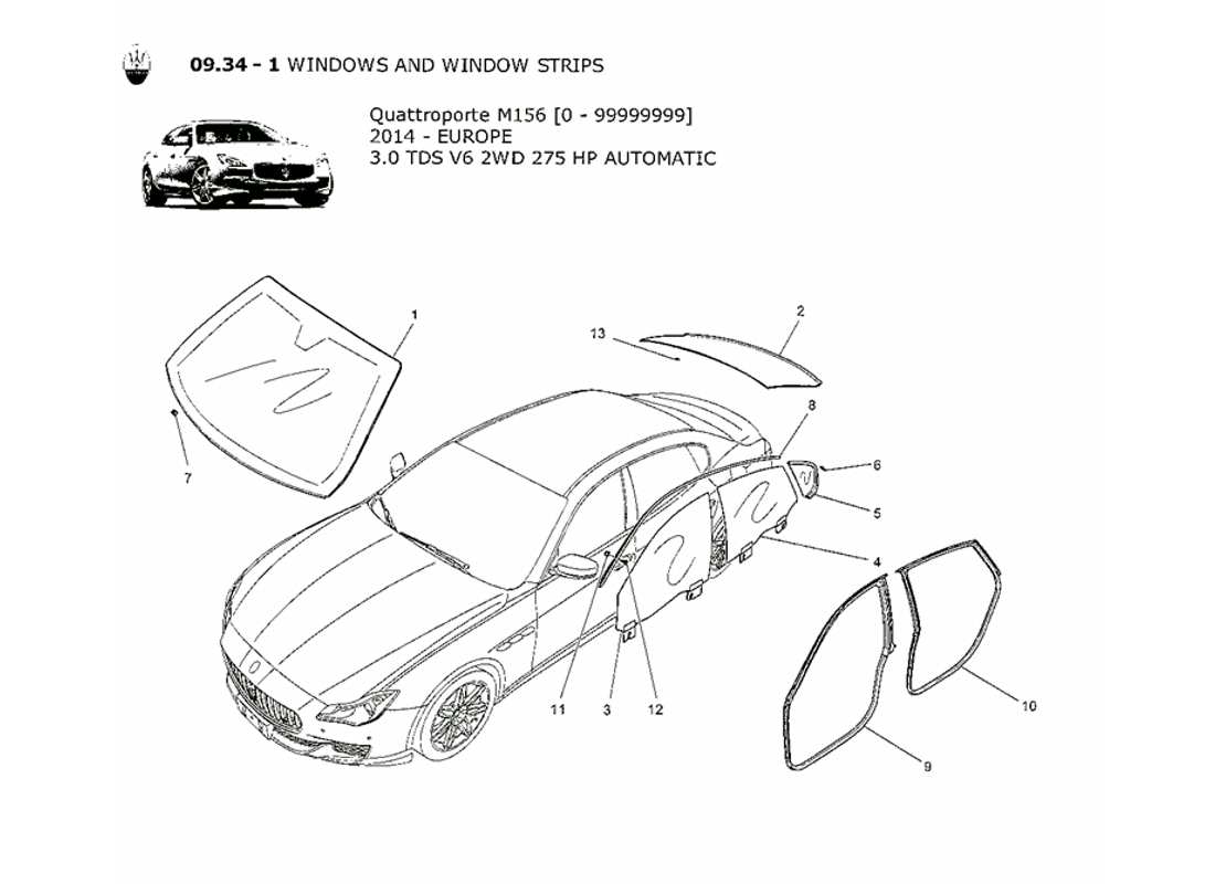 maserati qtp. v6 3.0 tds 275bhp 2014 windows and window strips part diagram