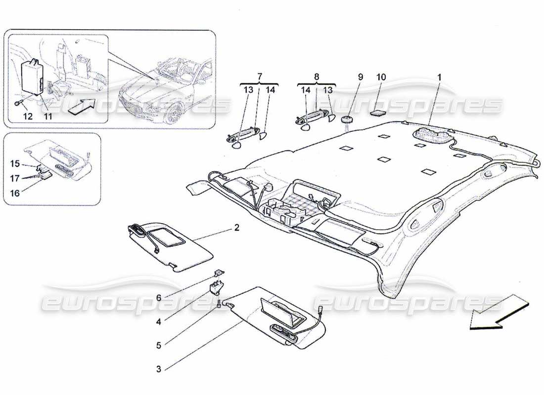 maserati qtp. (2010) 4.7 roof and sun visors part diagram