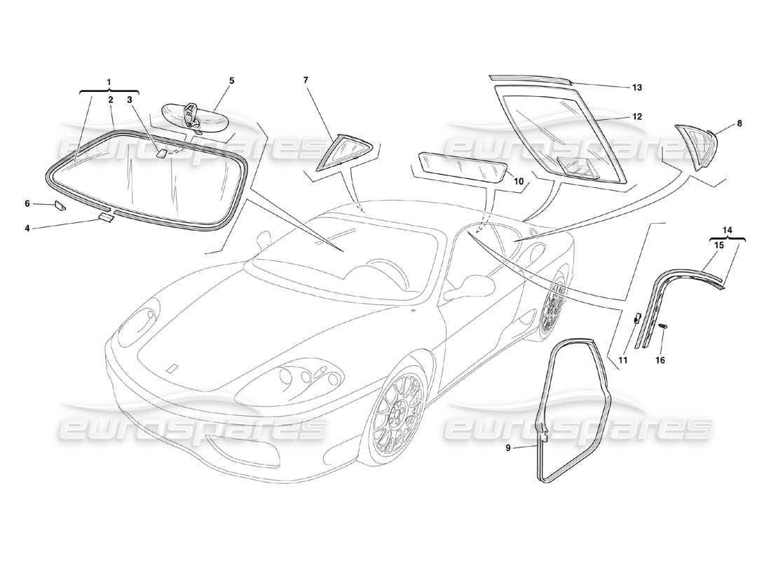 ferrari 360 challenge (2000) glasses and gaskets parts diagram