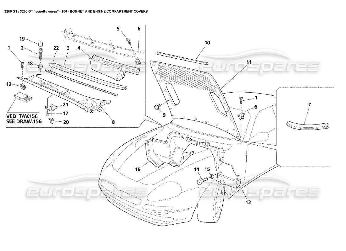 maserati 3200 gt/gta/assetto corsa bonnet & engine compartment covers parts diagram